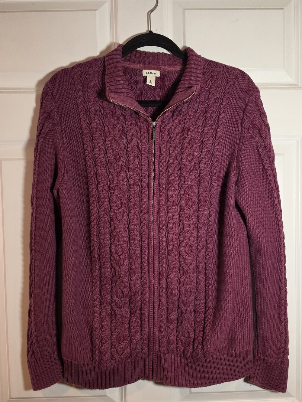 L.L. Bean Women's Zip-Front Cable Knit Sweater Jacket - Plum Cotton L